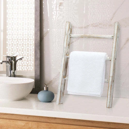 16 Inch Rustic Whitewashed Wood Countertop 3 Rung Ladder Hand Towel Holder Rack