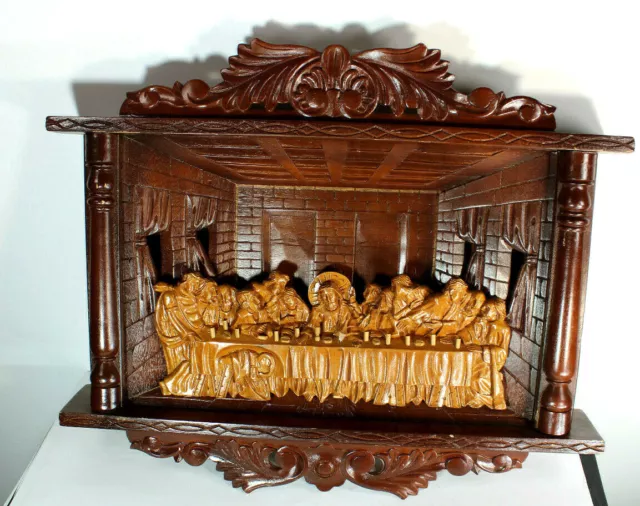LARGE french wood carved religious last supper sculpture wall plaque panel rare