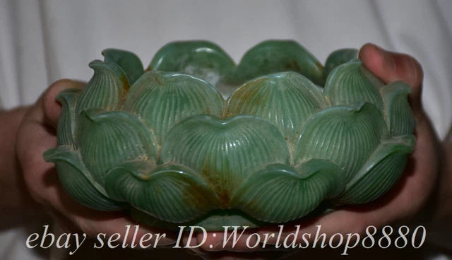 6.4" Old Chinese Green Jade Carved Dynasty Lotus incense burner Pot Statue