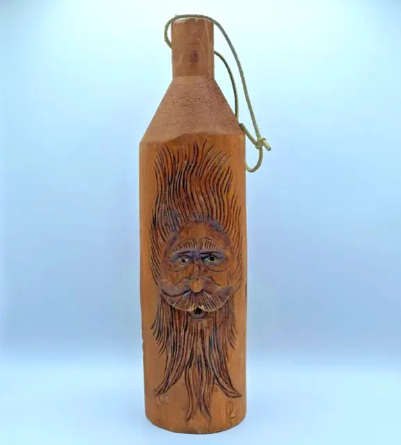 Primitive American Folk Art Carved Wood Bottle Shape Mountain Man Face Signed DL