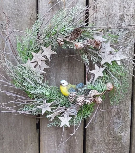 Christmas Rustic Decorative Wreath & Blue Tit Bird Stunning NEW