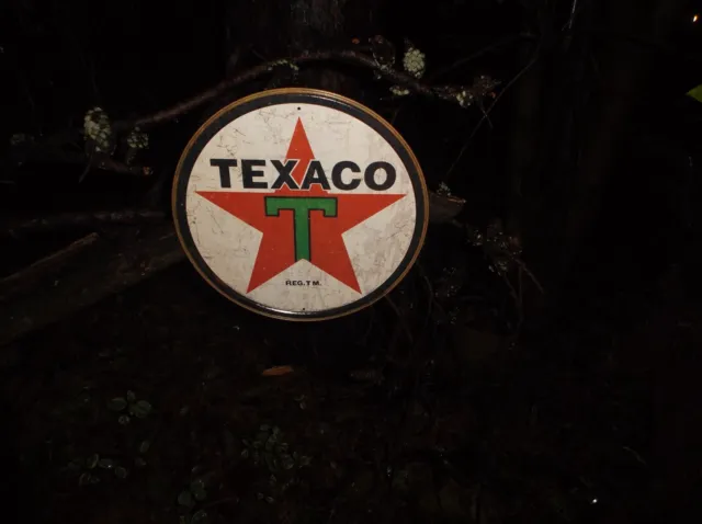 Texaco Gasoline Motor Oil Round Tin Advertising Sign Garage Shop Ads Mancave Ad