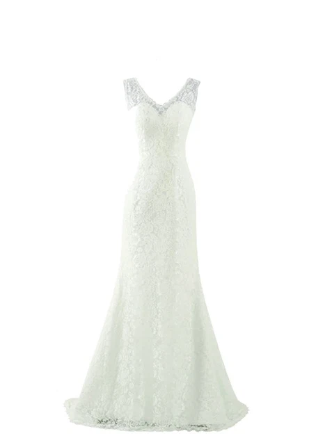 SIQINZHENG Womens Double V-Neck Bridal Gowns Lace Beach Wedding Dress (8, Ivory)