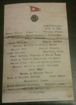 1912 TITANIC 2ND CLASS DINNER MENU : **((Reproduction of the original ...