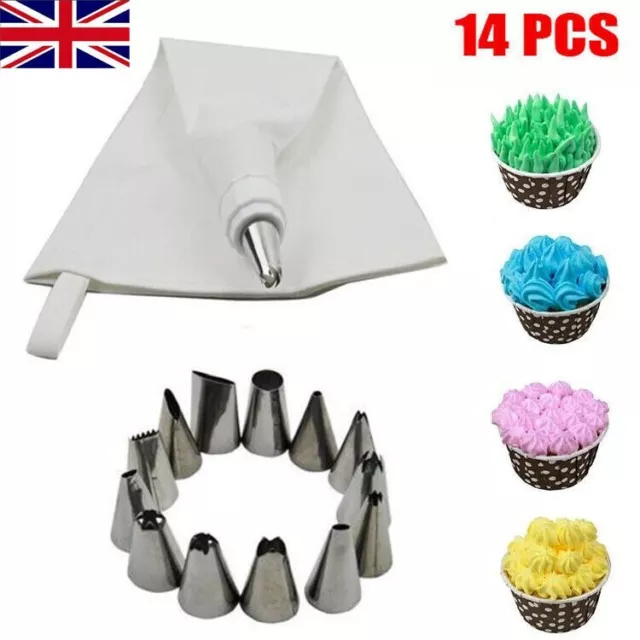 CAKE PIPING ICING CUPCAKE DECORATING COTTON BAG NOZZLE SET SUGARCRAFT CUP 14Pcs