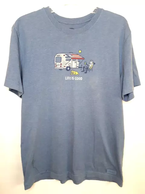 Life is Good T-shirt Happy Camper RV Dog Graphic Tee Cotton Faded Blue Mens sz M