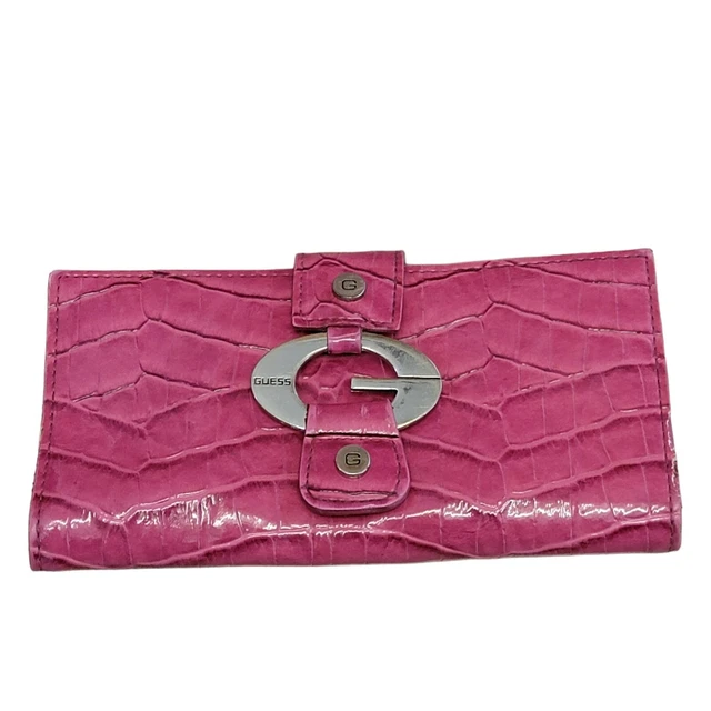 Guess Pink Croc Embossed Wallet Logo Faux Leather Checkbook ID Credit Cards Snap