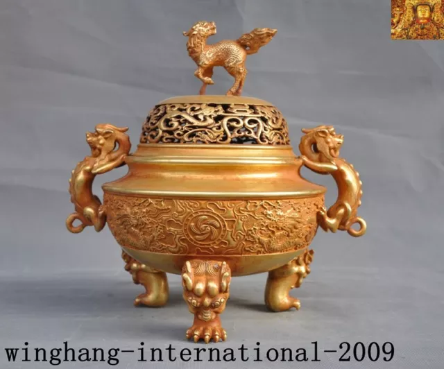 China purple bronze 24k gold Gilt lion beast Dragon qilin Incense burner Censer