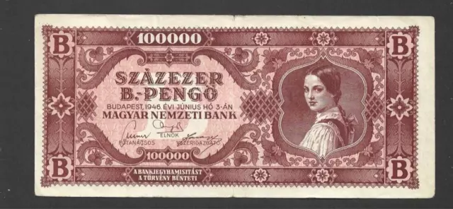 100 000 Bilpengo  Fine  Banknote From Hungary 1946 Pick-133 Rare