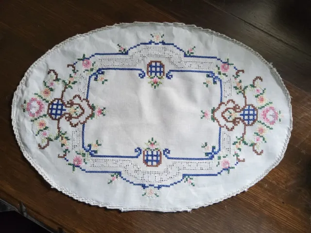 Vintage Cotton Linen Crochet Embroidery Cross Stitch Handmade Large Doily