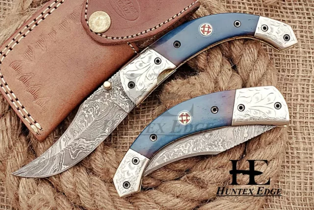 HUNTEX Custom Handmade Damascus Steel 110 mm Long Hunting Folding Pocket Knife