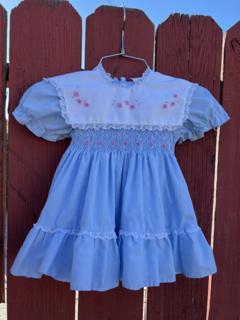 Vintage 80s Cradle Toggs Baby Blue Ruffle Lace Smocked Party Circle Dress Easter