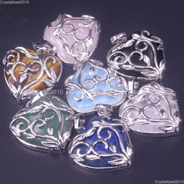 Natural Gemstone Heart Life Tree Leaf Reiki Chakra Pendant Charm Beads Silver
