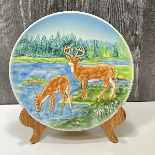 Western Germany Wall Plate Majolica Deer Couple at Stream High Relief 9 1/8"