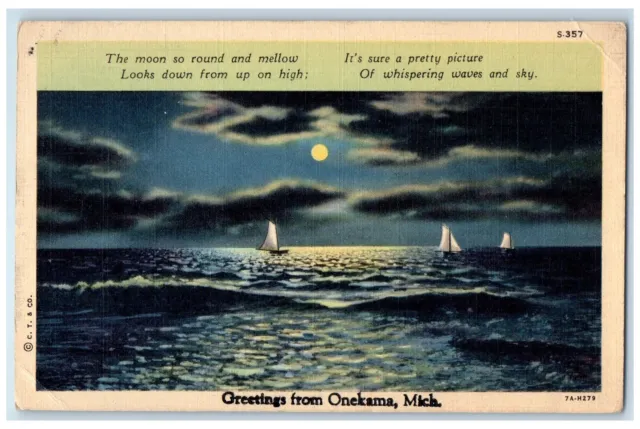 1939 Greetings From Onekama Moon And Yacht Scene Michigan MI Posted Postcard