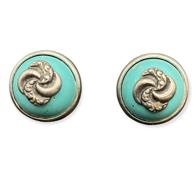 Vintage BEN AMUN Faux Turquoise Cabochon Earrings Silver Tone Clip on Signed