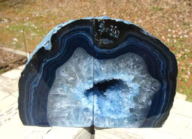 Agate Geode Blue Bookends-Exc Color/Patterns-Large Druzy Centers-3 lbs 15 ounces