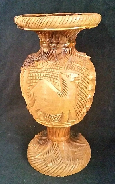 Holy Lands Bethlehem Israel Olive Wood Handcrafted Vase Camel Palms Flowers