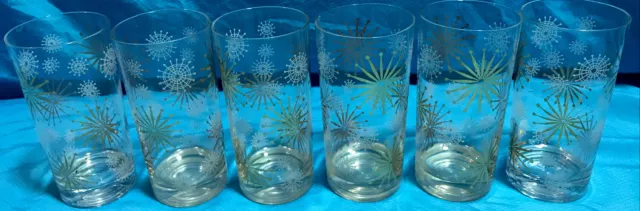 6 Federal? Libby? ATOMIC Gold STARBURST Highball Drink Glass Vtg MCM Bar W18