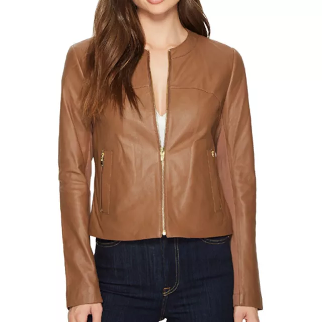NEW Via Spiga Women's Collarless Zipped Leather Jacket Knit Backing Size L $460 2