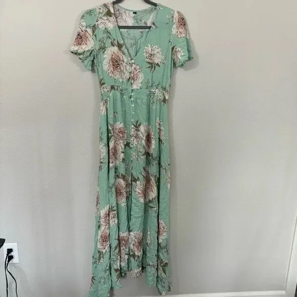 Women's Spring Summer Teal Blue Maxi Dress Beachy Sz M Buttons Romantic Boho