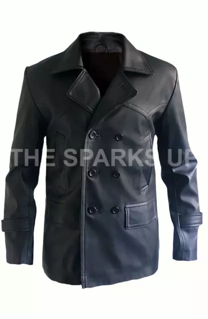 Ninth Doctor Who Christopher Eccleston Double Breasted Black Leather Jacket Coat