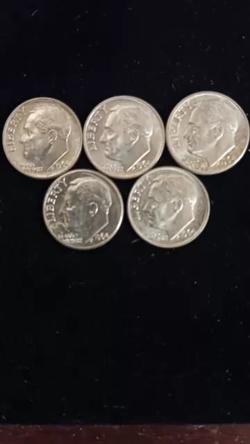 Lot of 5 Roosevelt Dimes 90% Silver. In BU/MS State. 1964 P & D Mint