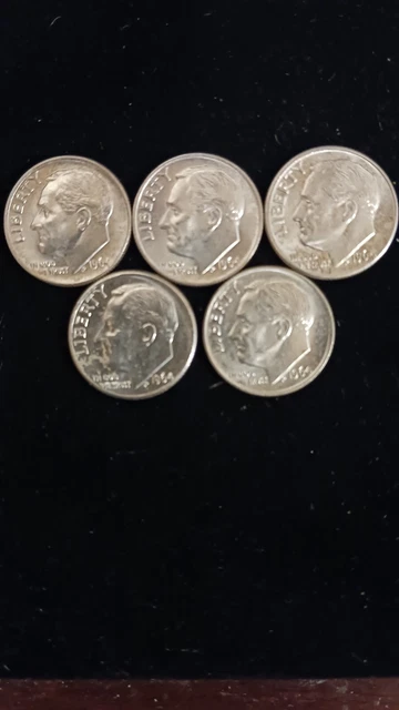 Lot of 5 Roosevelt Dimes 90% Silver. In BU/MS State. 1964 P & D Mint