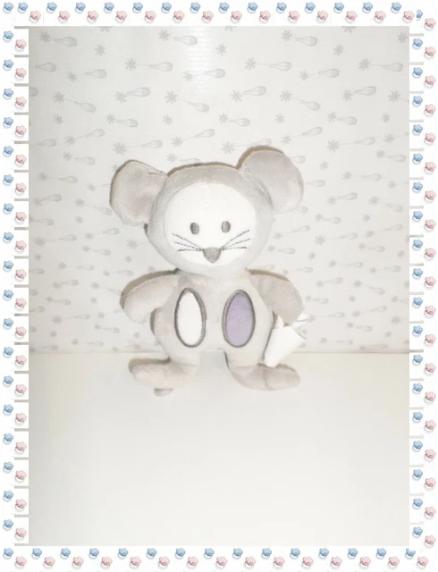 T - Doudou Peluche Hochet  Souris Grise Blanche Mauve   Obaibi