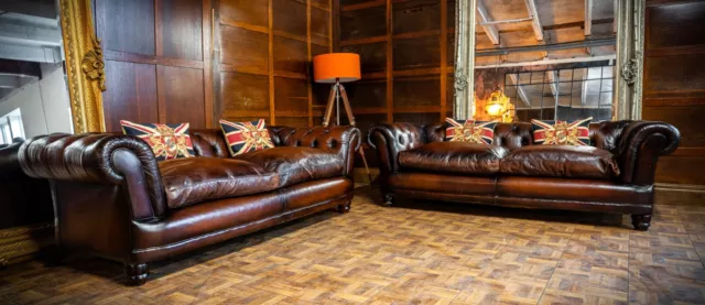 PAIR of TETRAD GRAND CHATSWORTH JOHN LEWIS TAN BROWN LEATHER CHESTERFIELD SOFAS