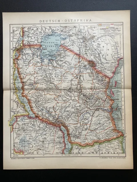 antike historische Landkarte Deutsche Kolonien: Deutsch Ost - Afrika - um 1904