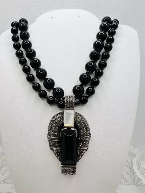 Judith Jack Onyx Double Bead Necklace w Sterling Silver Marcasite Stone Pendant 3