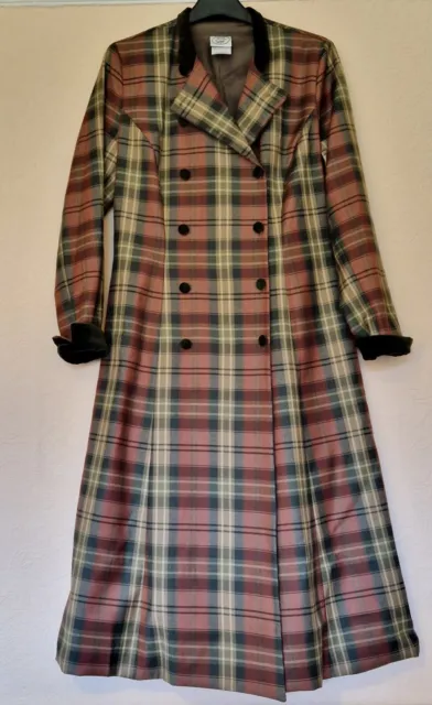 Laura Ashley 80's Vintage Plaid Wool Velvet Trim Dress Coat /Riding Coat Size 14