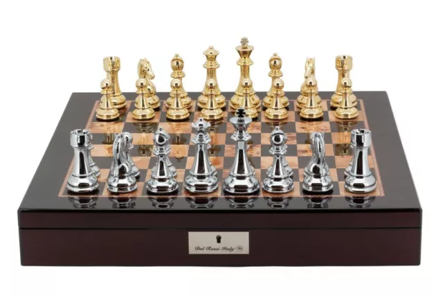 Dal Rossi Chess Set Gold/Silver Finish w 50cm Mahogany Finish Board/Box