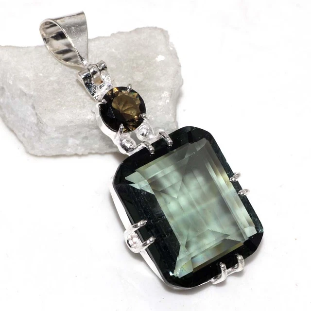 Pendentif Larme Topaze Fumée Argent 925, Pierre Naturelle Ovale, Style Fantaisie