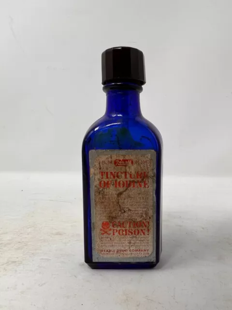 Antique Cobalt Blue Glass Tincture of Iodine Poison Empty Bottle 1 Oz.