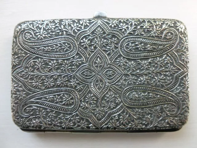 Antique India Indian solid silver card cigarette case box Kutch, paisley pattern