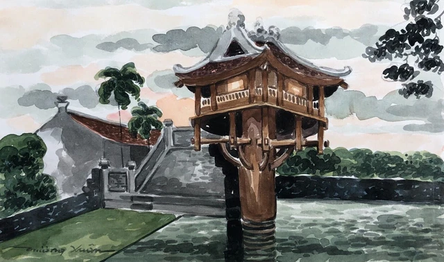 Acuarela vietnamita antigua, Firma para identificar, Artes asiáticas, XX