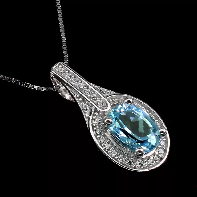 Irradiated Oval Sky Blue Topaz 8x6mm Simulated Cz 925 Sterling Silver Necklace