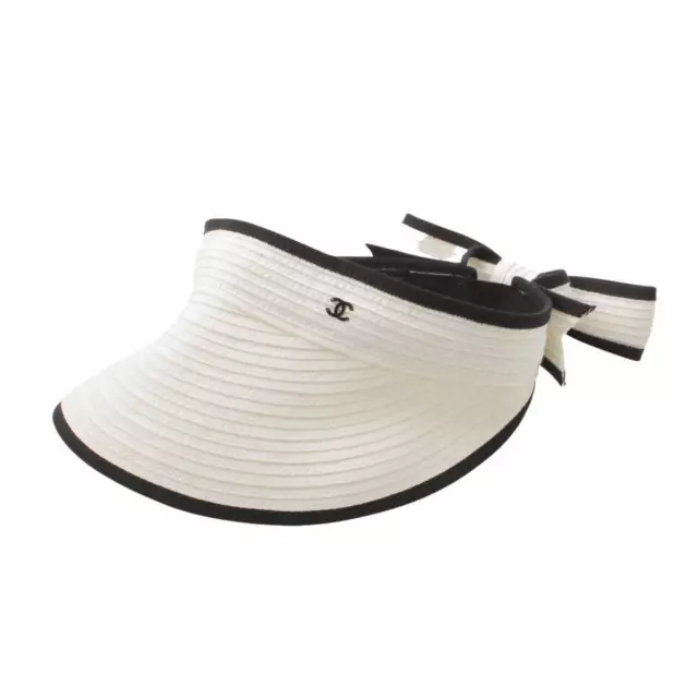 CHANEL CHANEL Sun visor COCO Mark ribbon hat cap straw Black Used Women CC  Coco