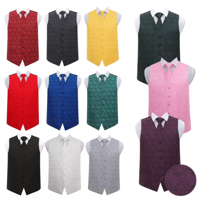 Set cravatta da uomo tessuto floreale paisley matrimonio gilet smoking formale di DQT