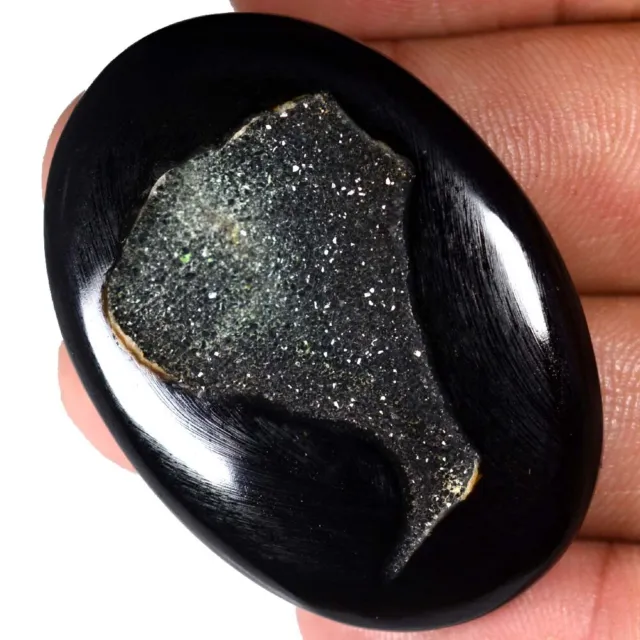 81.50 Cts Natural Black Onyx Agate Geode Druzy Cabochon 33 x 47 mm Gemstone DB29