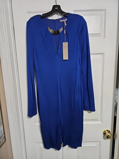 Halston Heritage Long Sleeve Deep V-Neck Blue Dress - Size 12