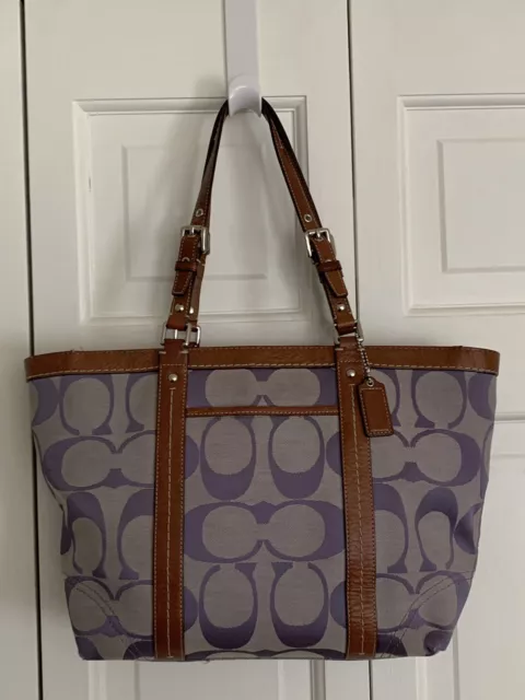 Coach Monogram Tote Bag Lilac Canvas Brown Leather