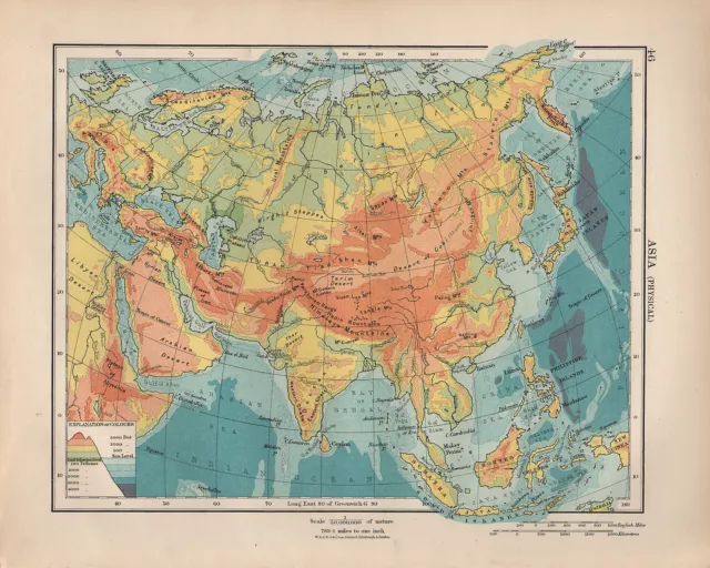 1924 Estampado ~ Asia Física ~ India Borneo Siberiano Lisa