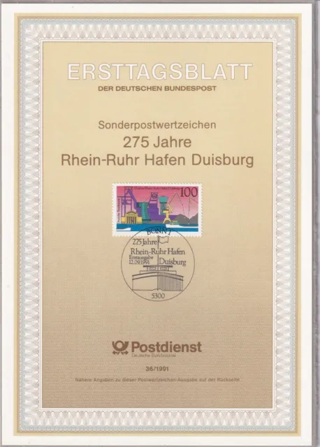 Ersttagsblatt ETB 36/1991 - "275 Jahre Rhein-Ruhr Hafen Duisburg" - Stempel Bonn