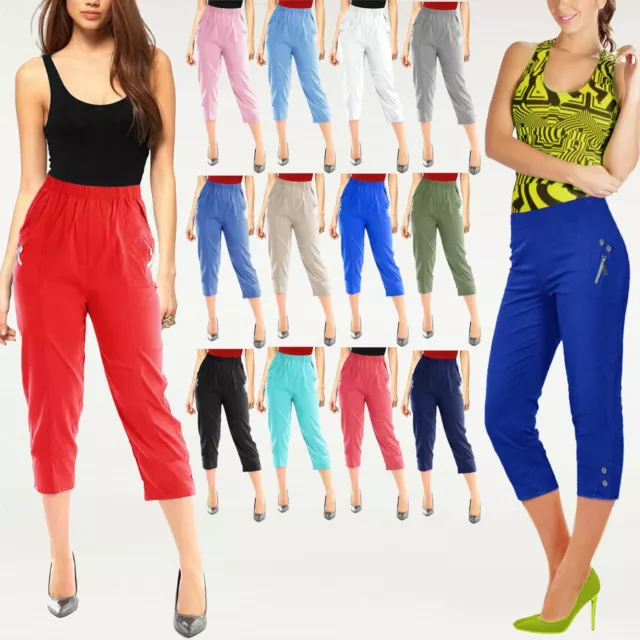 New Ladies Shorts Capri Pedal Pushers Pants Stretch Women's 3/4 Cropped Trousers