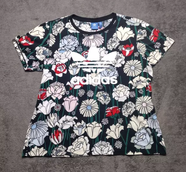 adidas Floral Shirt Womens Medium Black All over Print Crew Neck Red Pink Blue