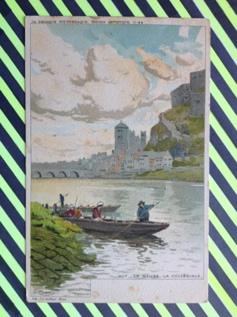 cpa Litho Aquarelle signée F. RANOT BELGIQUE HUY La Meuse La Collégiale