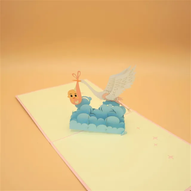 👼 3D Pop up Greeting Card - Newborn Baby Girl Stork Clouds